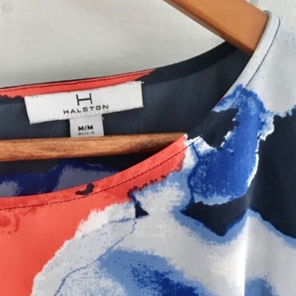 Halston Mini dress Watercolor Watercolor Floral Print Flowy Navy red Boxy M - Picture 5 of 7